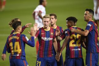 Barcelona players celebrate, October 2020