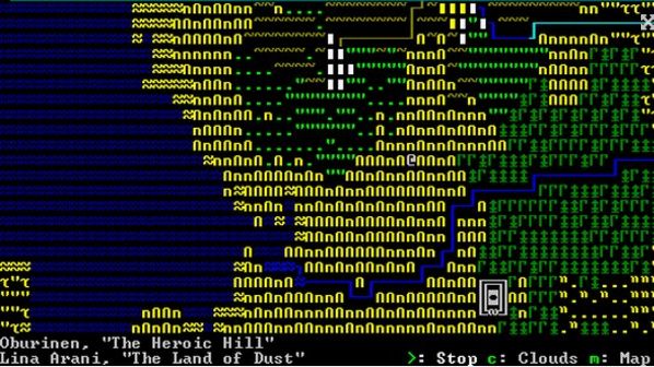 Dwarf Fortress - An ascii map in yellow, green, and blue howing 