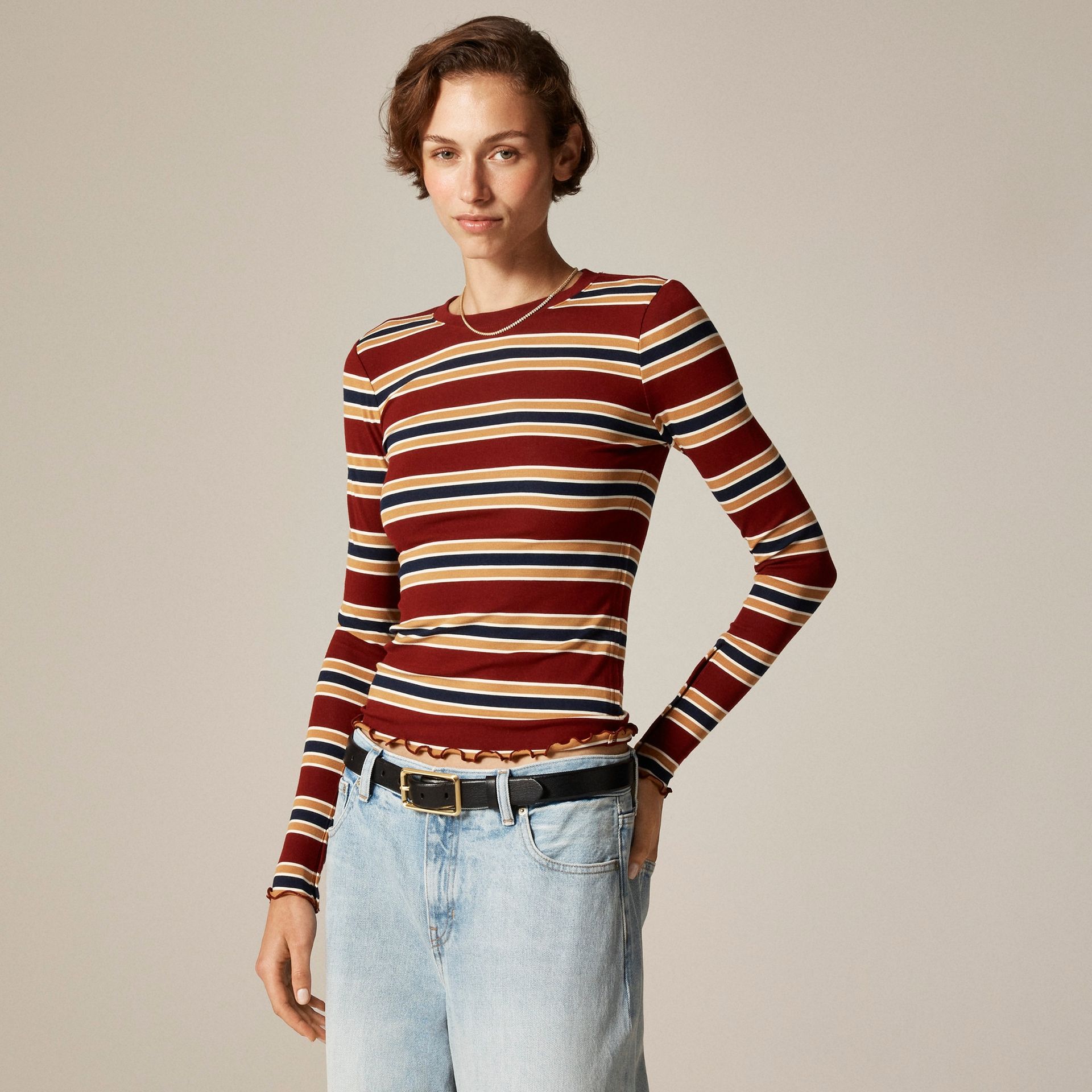 Refined Rib Long-Sleeve T-Shirt With Button Cuffs in Stripe