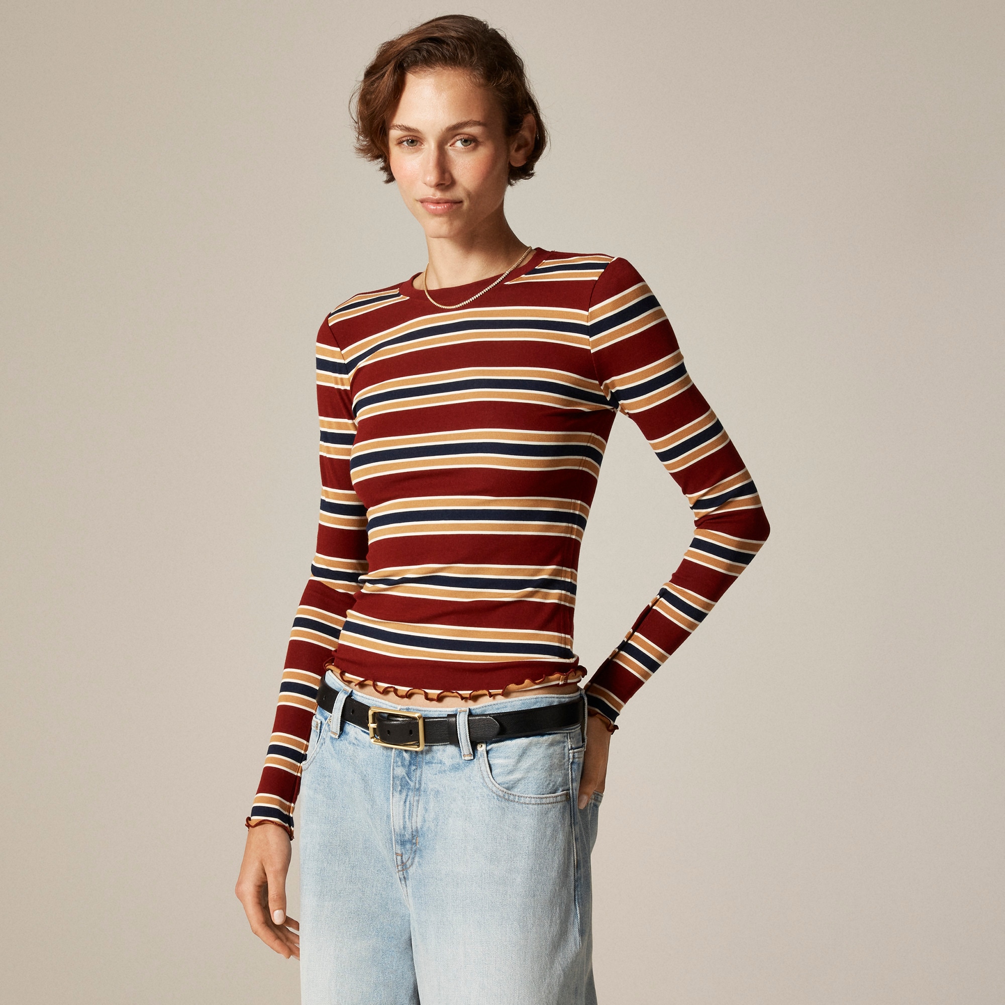 Refined Rib Long-Sleeve T-Shirt With Button Cuffs in Stripe