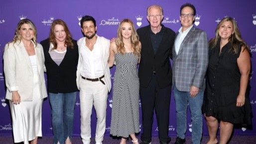 Lara Krug, Chief Marketing Officer, Kansas City Chiefs; Julie Sherman Wolfe; Tyler Hynes; Hunter King; Ed Begley Jr.; Diedrich Bader and Samantha DiPippo, Senior Vice President of Programming, Hallmark Media attend Hallmark Media’s session during the Summer 2024 Television Critics Association Press Tour at The Langham Huntington in Pasadena, CA on July 11, 2024.