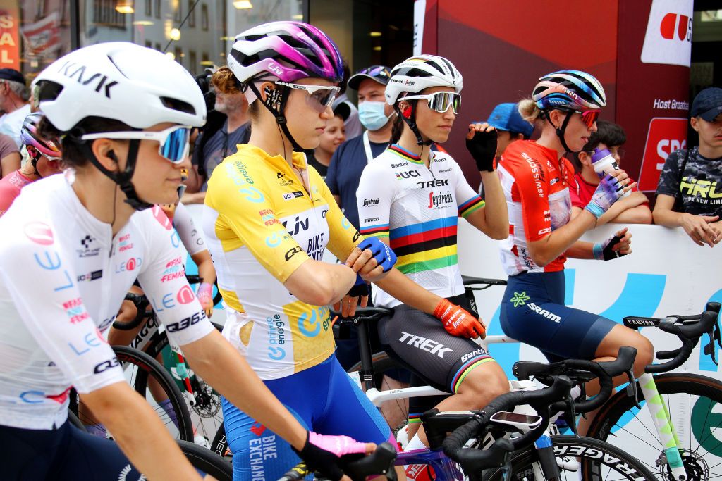 LENZERHEIDE SWITZERLAND JUNE 21 LR Olivia Baril of Canada and Team Valcar Travel Service white best young jersey Kristen Faulkner of The United States and Team BikeExchange Jayco yellow leader jersey Elisa Balsamo of Italy and Team Trek Segafredo and Pauliena Rooijakkers of The Netherlands and Team CanyonSRAM Racing red mountain jersey prior to the 2nd Tour de Suisse Women 2022 Stage 4 a 985km stage from Chur to Lantsch Lenz tourdesuisse2022 on June 21 2022 in Lenzerheide Switzerland Photo by Heinz ZwickyGetty Images