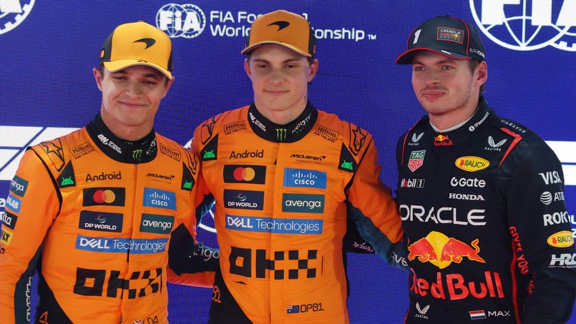 Pole position qualifier Oscar Piastri of Australia and McLaren Second placed qualifier Lando Norris of Great Britain and McLaren and Third placed qualifier Max Verstappen of the Netherlands and Oracle Red Bull Racing during qualifying ahead of the F1 Grand Prix of Qatar at Lusail International Circuit on November 29, 2025 in Lusail City, Qatar. 