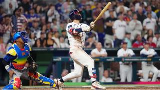 MIAMI, FL - MARCH 17: Bryce Harper #24 of Team USA hits a two-run home run in the eighth inning during the 2026 World Baseball Classic Championship game presented by Capital One between Team Venezuela and Team USA at loanDepot Park on Tuesday, March 17, 2026 in Miami, Florida. (Photo by Daniel Shirey/WBCI/MLB Photos via Getty Images)