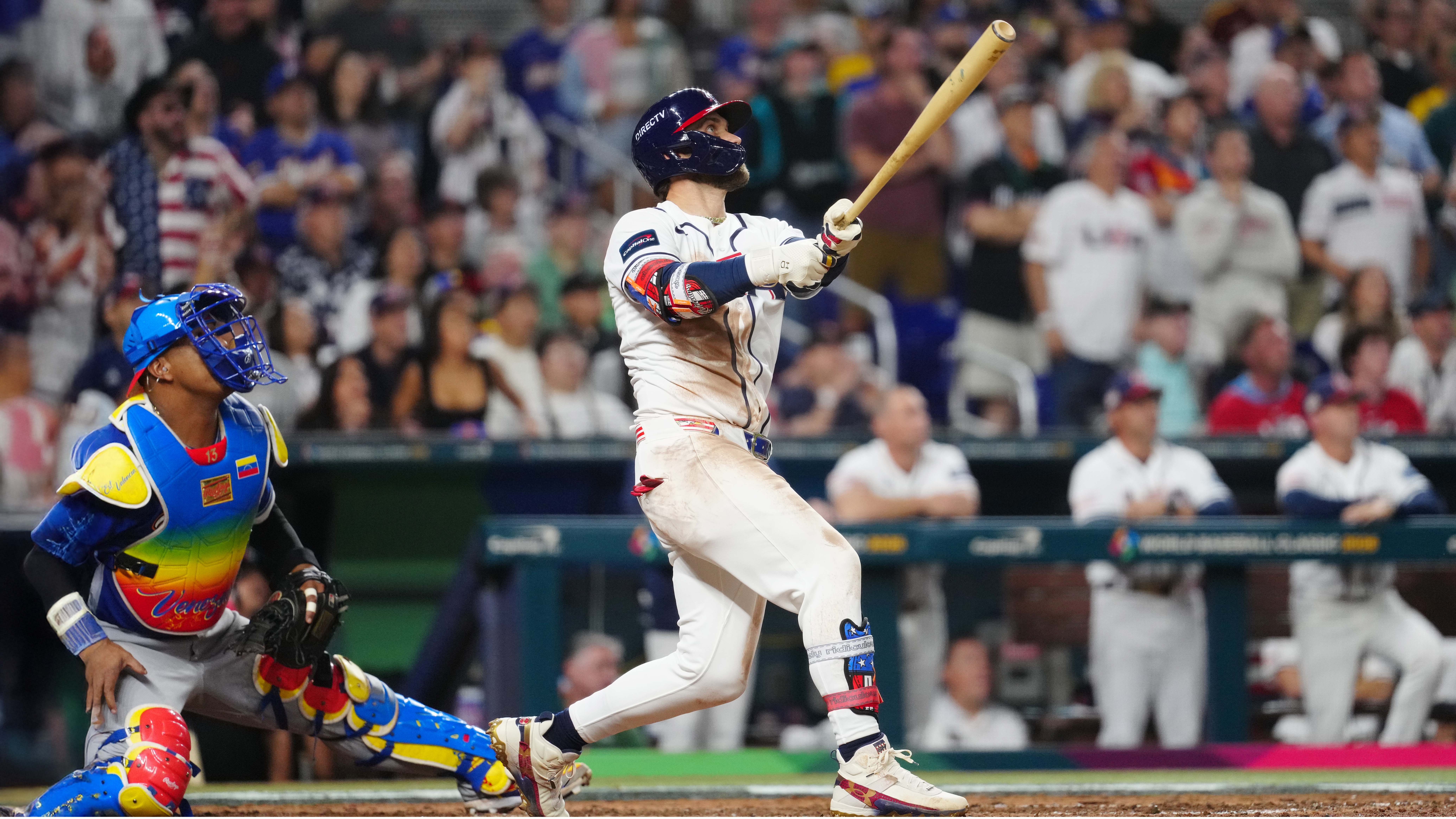 MIAMI, FL - MARCH 17:  Bryce Harper #24 of Team USA hits a two-run home run in the eighth inning during the 2026 World Baseball Classic Championship game presented by Capital One between Team Venezuela and Team USA at loanDepot Park on Tuesday, March 17, 2026 in Miami, Florida. (Photo by Daniel Shirey/WBCI/MLB Photos via Getty Images)