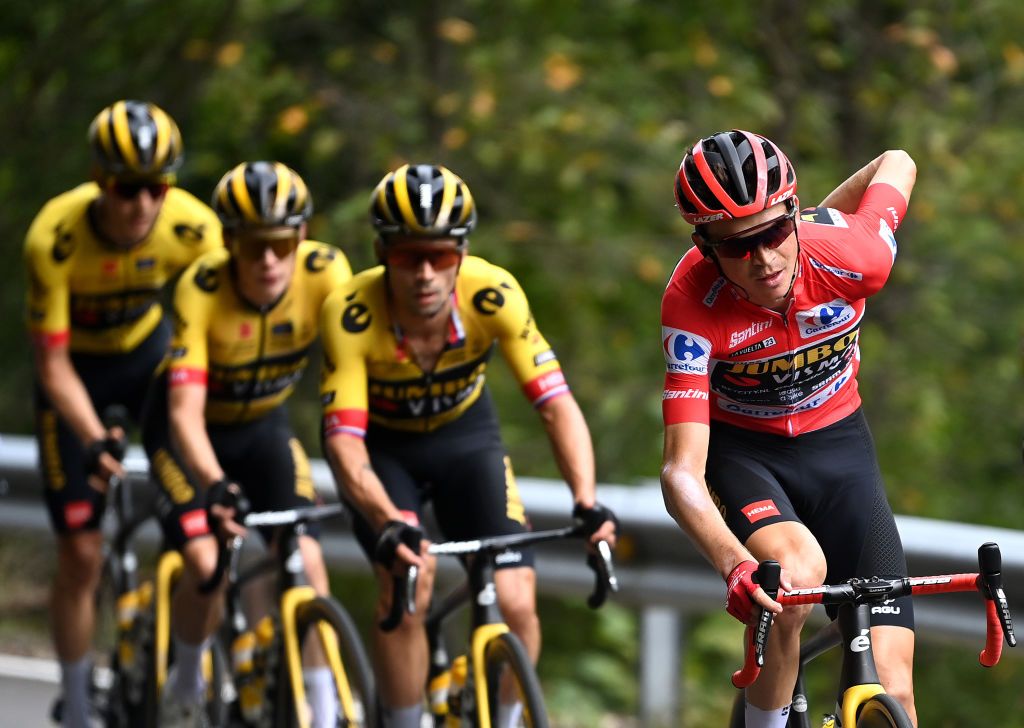 ALTU DE LANGLIRU SPAIN SEPTEMBER 13 EDITORS NOTE Alternate crop Sepp Kuss of The United States and Team JumboVisma Red Leader Jersey competes during the 78th Tour of Spain 2023 Stage 17 a 1244km stage from Ribadesella Ribeseya to Altu de LAngliru 1555m UCIWT on September 13 2023 in Altu de LAngliru Spain Photo by Tim de WaeleGetty Images