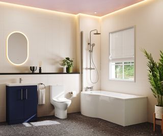 P shaped bath with shower over