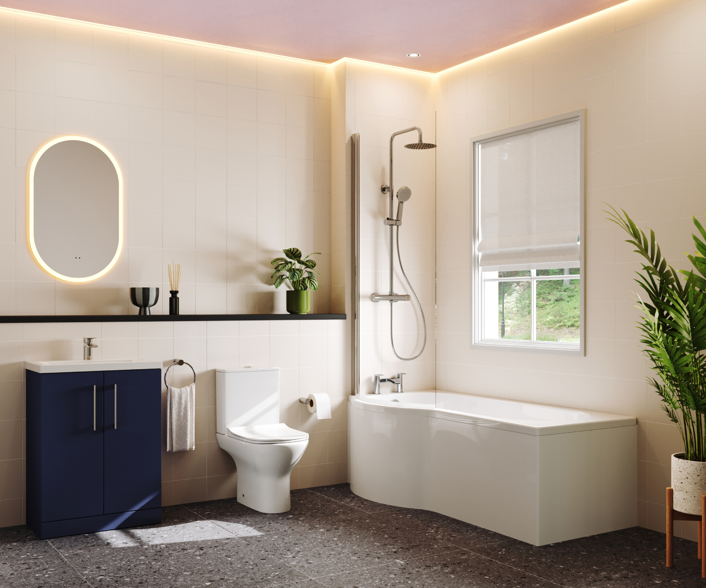 P shaped bath with shower over