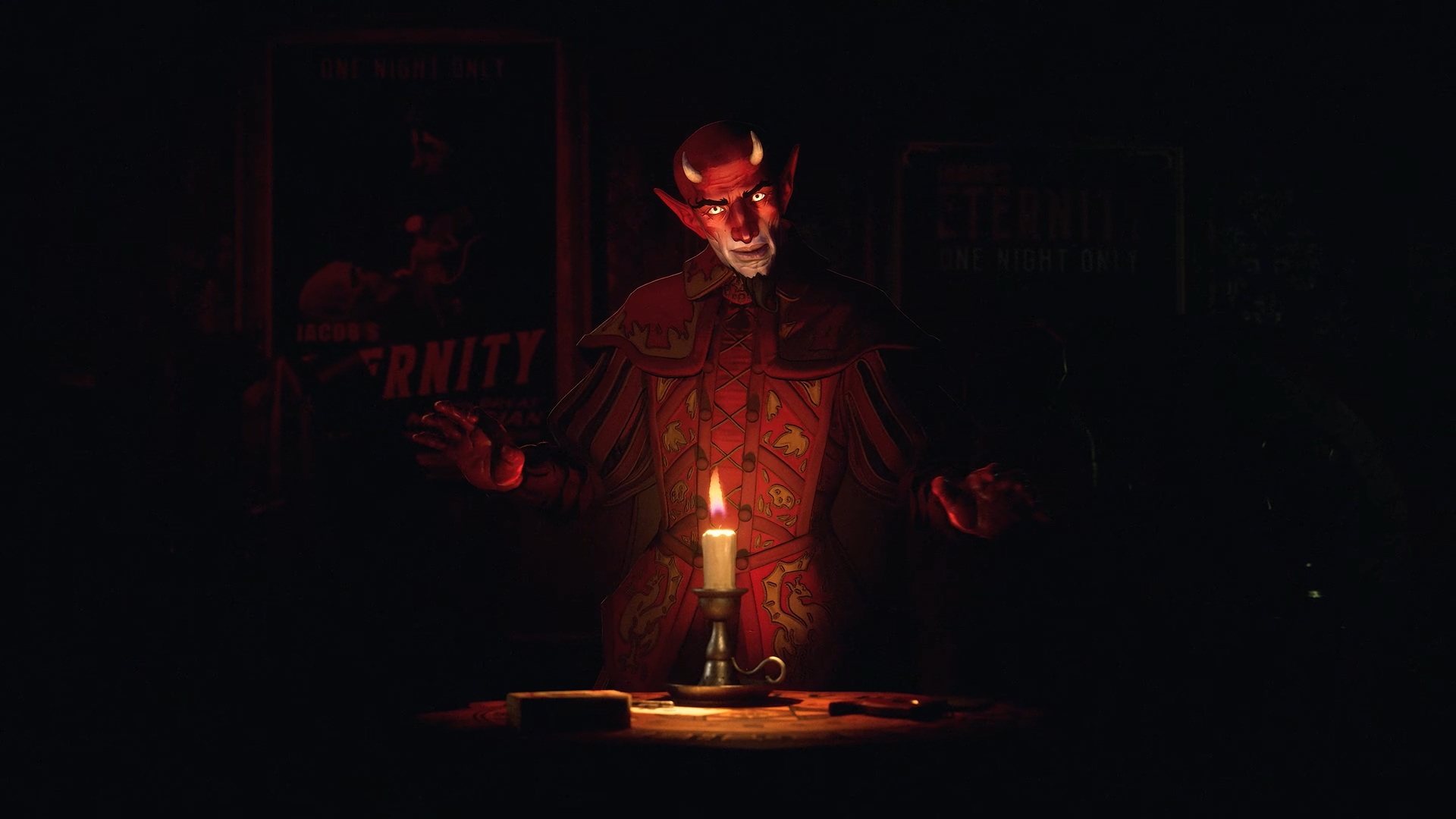 A devil figure standing in front of a lit candle in Magicians: The Devil's Deal