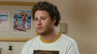 Seth Rogen looking bewildered while wearing an inappropriate tee to a doctor's office in Knocked Up.