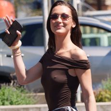Bella Hadid with brown hair, wearing a brown off the shoulder top and brown sunglasses