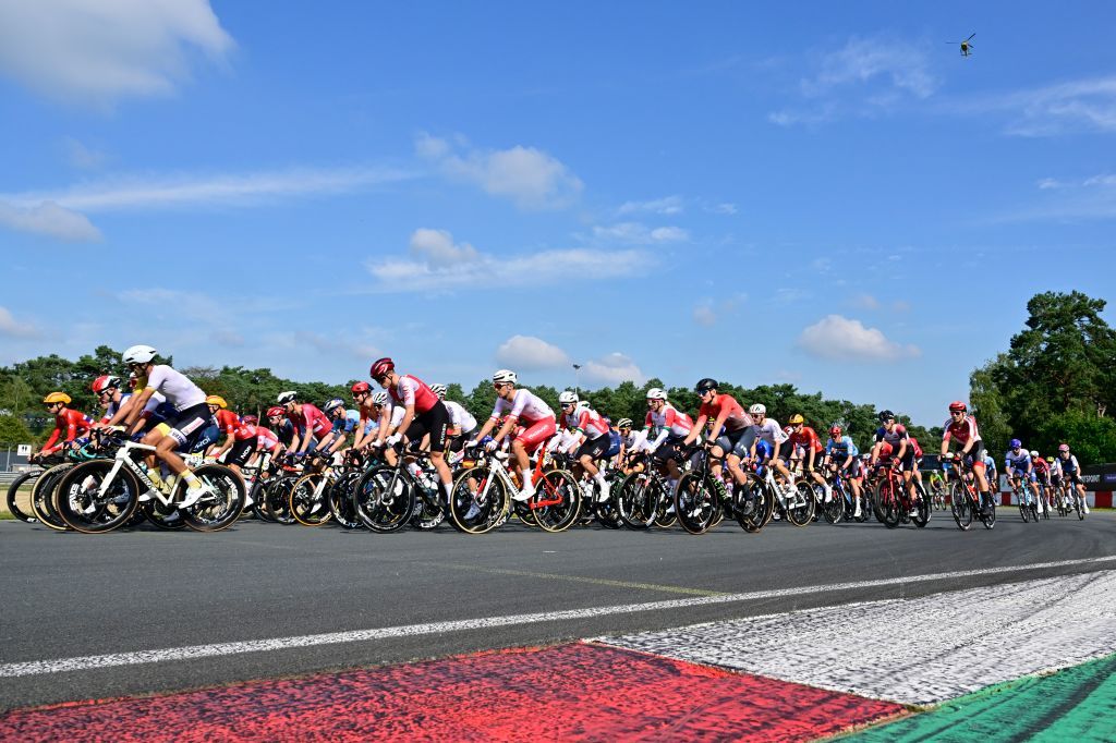 The pack of riders pictured during the Men's Elite Road Race at the European Championship 2024, in Hasselt, Sunday 15 September 2024. The UEC Road European Championships 2024 will take place from 11 to 15 september in Limburg, Belgium. BELGA PHOTO DIRK WAEM (Photo by DIRK WAEM / BELGA MAG / Belga via AFP)