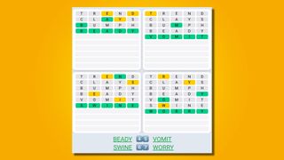 Quordle Daily Sequence answers for game 476 on a yellow background