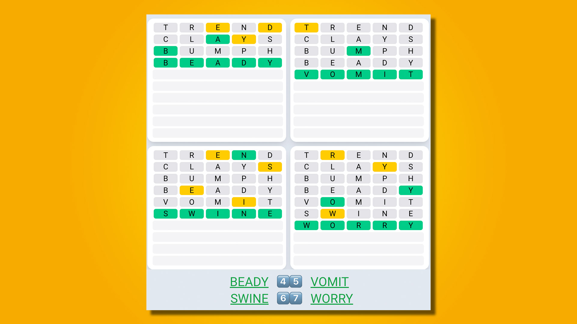 Quordle Daily Sequence answers for the game 476 on a yellow background