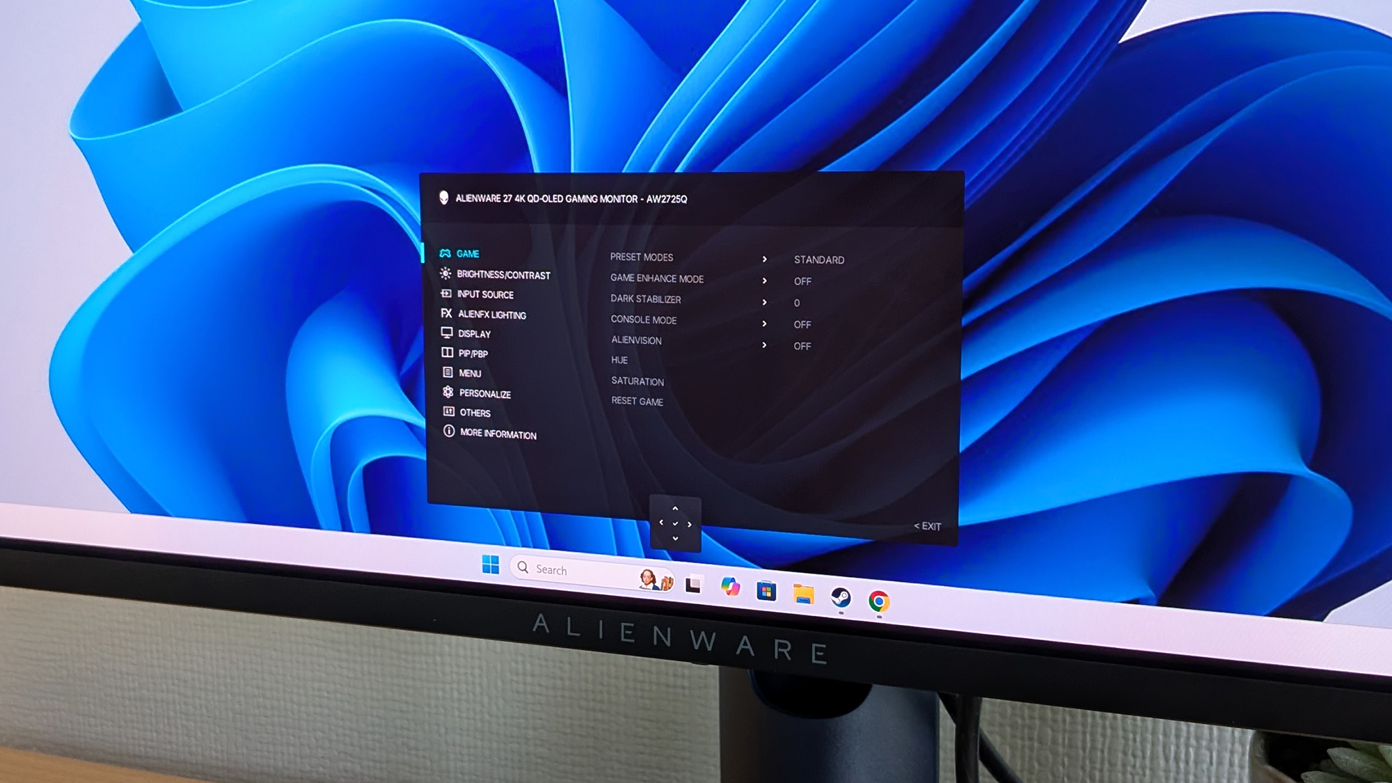 Alienware AW2725Q monitor on-screen display