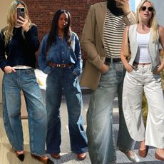 a collage of editor outfit imagery wearing barrel-leg jeans