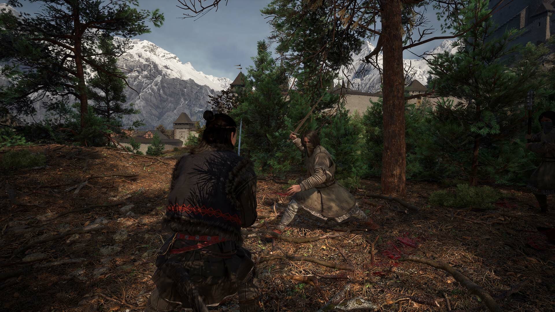 Blood of Dawnwalker characters sword-fighting in a forest