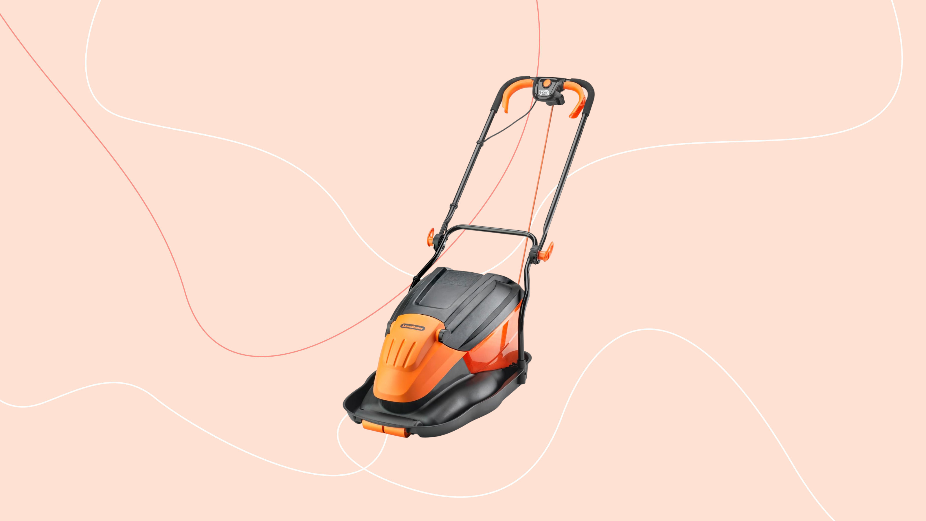 LawnMaster 1800W Electric Hover lawn mower on a pink graphic 