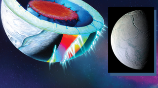 an illustration showing the inside of an icy moon, consisting of a solid core surrounded by a subsurface ocean
