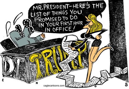 Political cartoon U.S. 2016 election Donald Trump long list of promises