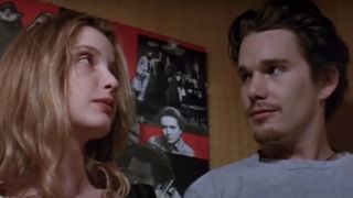 Julie Delpy and Ethan Hawke staring at each other in Before Sunrise