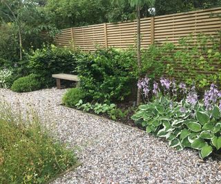 A wooden slatted fence with a wooden bench and gravel as well as planting