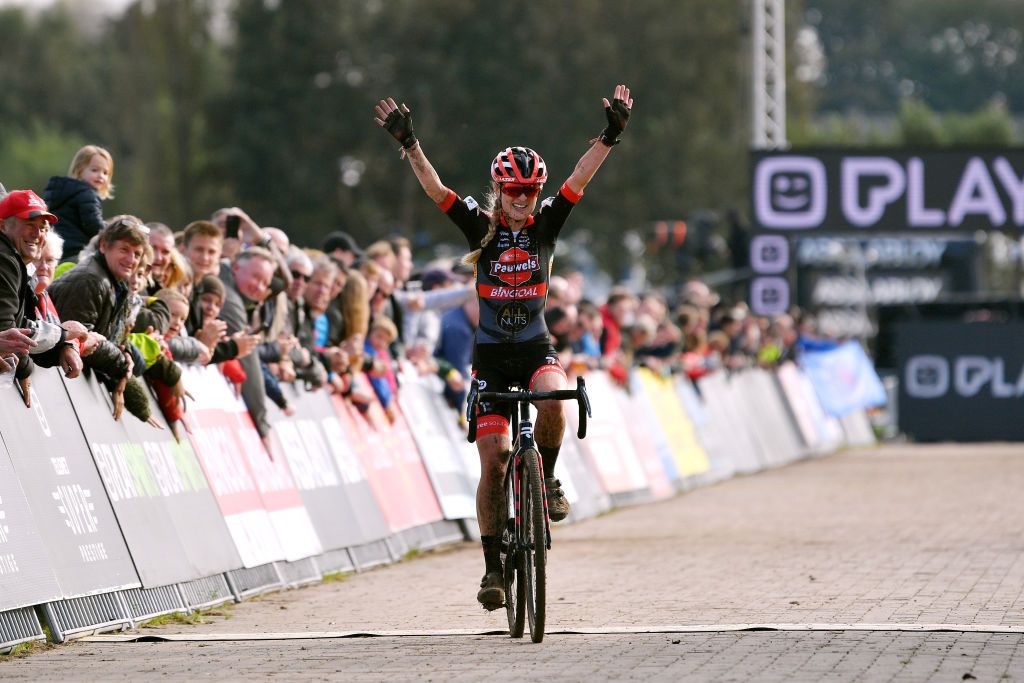 RUDDERVOORDE BELGIUM OCTOBER 23 Denise Betsema of The Netherlands and Team Pauwels Sauzen Bingoal celebrates winning during the 35th Superprestige Ruddervoorde 2021 Womens Elite CX Superprestige2022 SPRuddervoorde on October 23 2021 in Ruddervoorde Belgium Photo by Luc ClaessenGetty Images