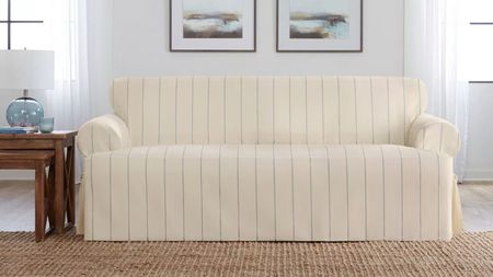 striped linen sofa cover in a coastal-style living room