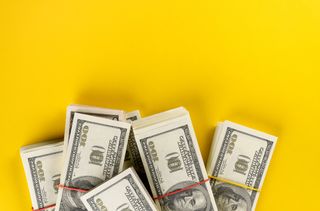 bundles of dollar bills against a bright yellow backdrop