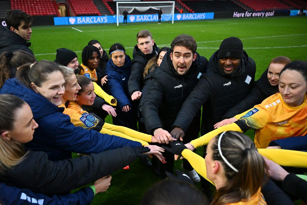 BRISTOL, ENGLAND - JANUARY 19: Jocelyn Precheur, Manager of London City Lionesses, reacts in a team huddle after the Barclays Women&#039;s Championship match between Bristol City and London City Lionesses at Ashton Gate on January 19, 2025 in Bristol, England. (Photo by Dan Mullan - The FA/The FA via Getty Images)