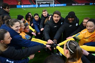 BRISTOL, ENGLAND - JANUARY 19: Jocelyn Precheur, Manager of London City Lionesses, reacts in a team huddle after the Barclays Women's Championship match between Bristol City and London City Lionesses at Ashton Gate on January 19, 2025 in Bristol, England. (Photo by Dan Mullan - The FA/The FA via Getty Images)