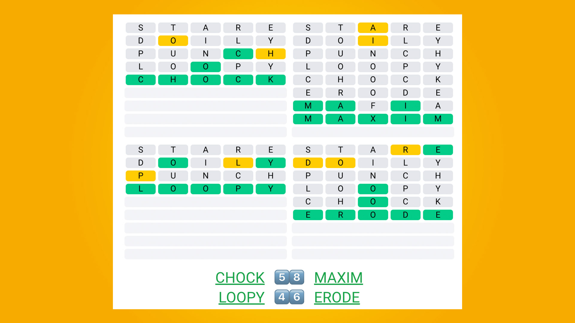 Quordle 413 answers on a yellow background