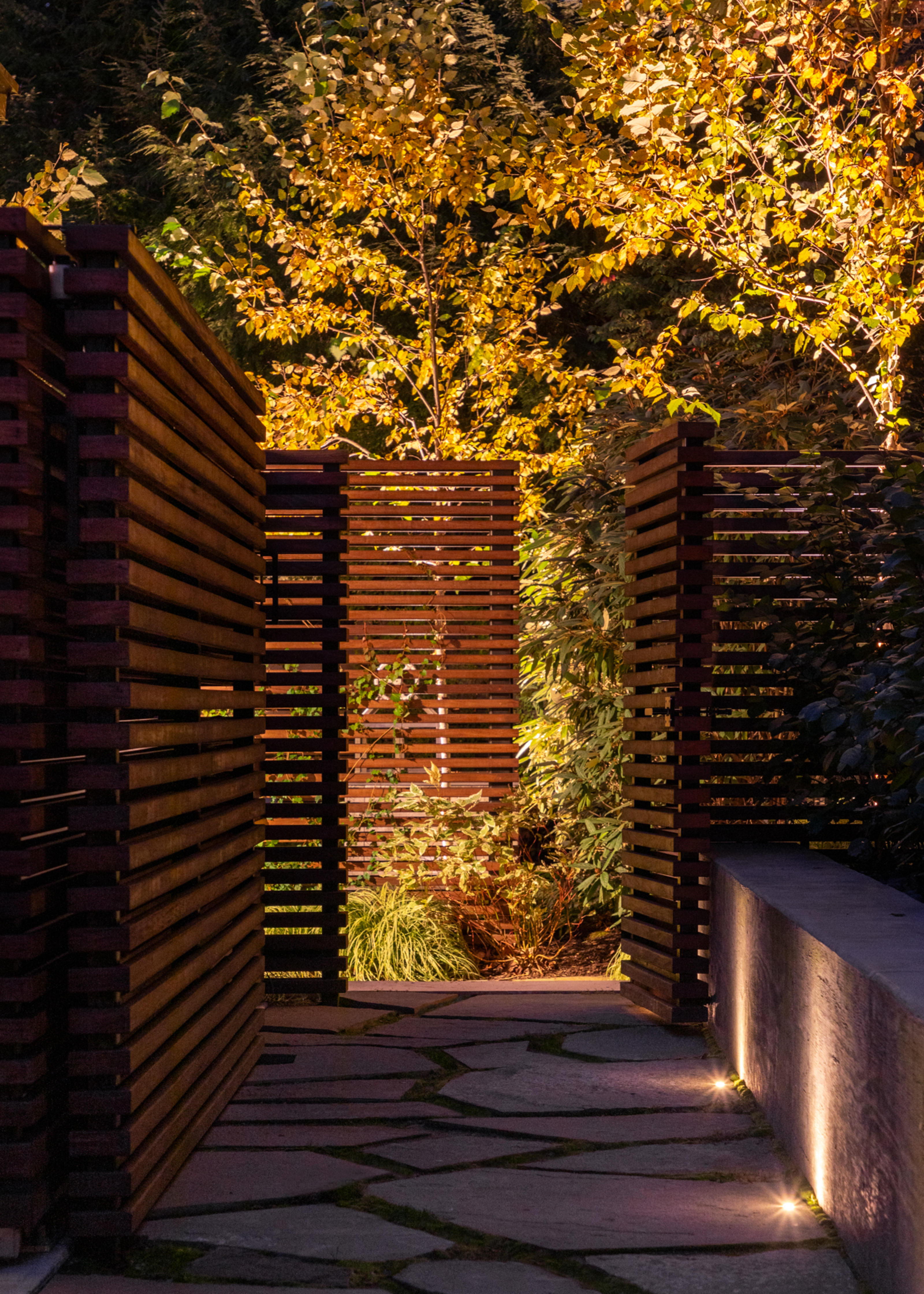 pathway surrounded by slatted wooden fencing illuminated at night