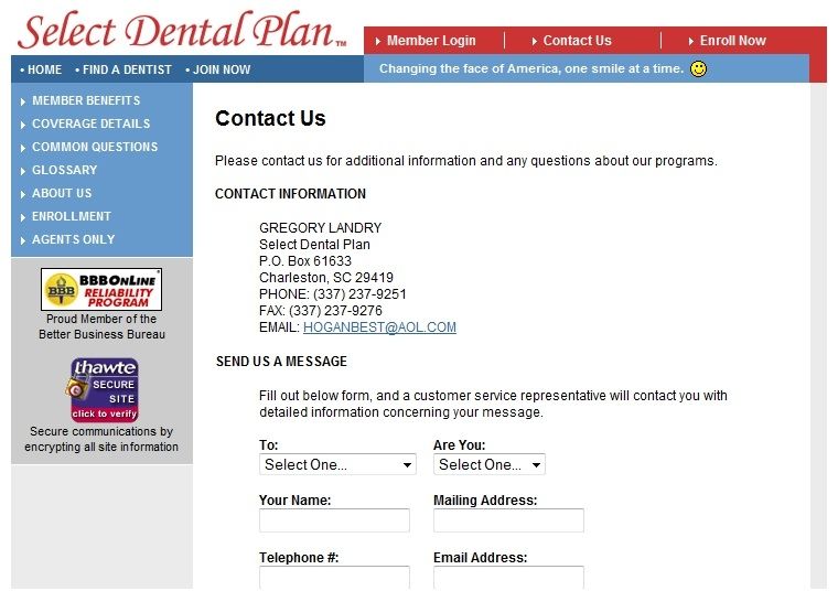 Select Dental image: This is the Contact Us page. Here, customers can get information on the various ways they can get in touch with the company.