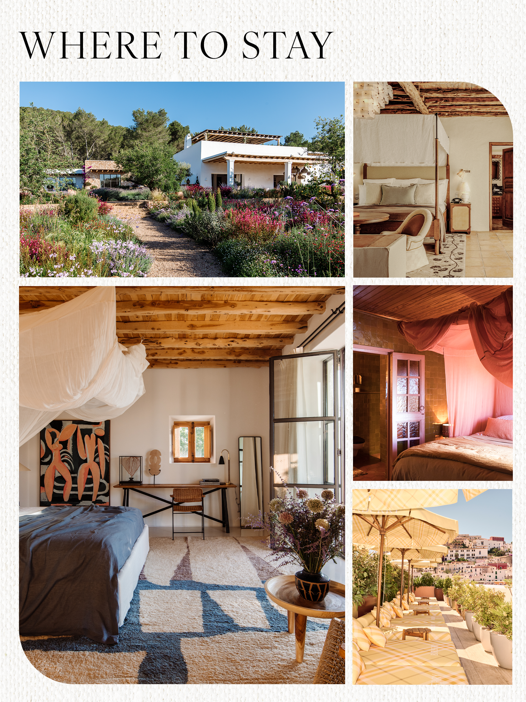 A collage of places to stay in Ibiza, including Can Olivar, Los Enamorados, The Standard Ibiza, Soho Farmhouse Ibiza.