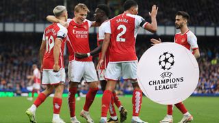  Leandro Trossard of Arsenal (L) celebrates with Martin Odegaard of Arsenal (2L), Bukayo Saka of Arsenal (C), William Saliba of Arsenal (2R) and Fabio Vieira of Arsenal (R) after scoring their 1st goal during the Premier League match between Everton FC and Arsenal FC at Goodison Park on September 17, 2023 in Liverpool, United Kingdom. (Photo by Simon Stacpoole/Offside/Offside via Getty Images) Champions League