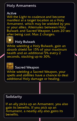 An image showing off the Lightwarden Paladin Hero Talents from World of Warcraft: The War Within, particularly its holy armaments ability.