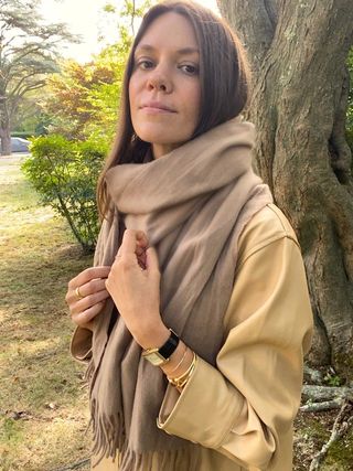 Woman wearing a Oversized Neutral Scarf