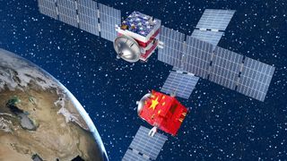two cube-shaped satellites in orbit above Earth, one bearing the American flag and the other the Chinese flag