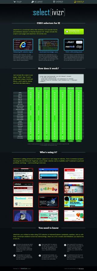 Selectivzr is a JavaScript polyfill to emulate CSS3 selectors in Internet Explorer by Keith Clark – find out more at selectivizr.com