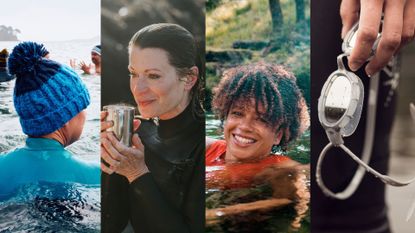 Collage of images representing what to wear wild swimming, including swimsuit, goggles, hot drink, and beanie hat