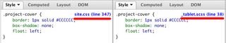 Firebug's Style panel without source maps (left); with source maps (right)