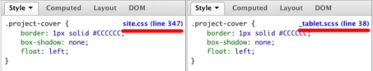 Firebug's Style panel without source maps (left); with source maps (right)