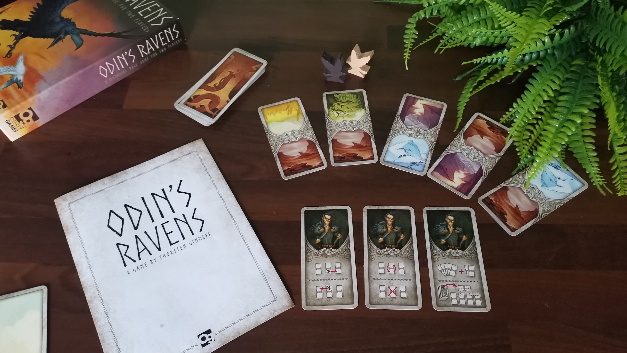 Odin's Ravens cards and components laid out on a wooden surface
