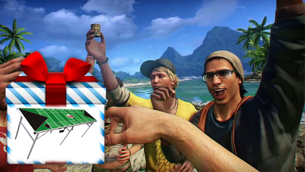 The cast of Far Cry 3 Beer Pong table