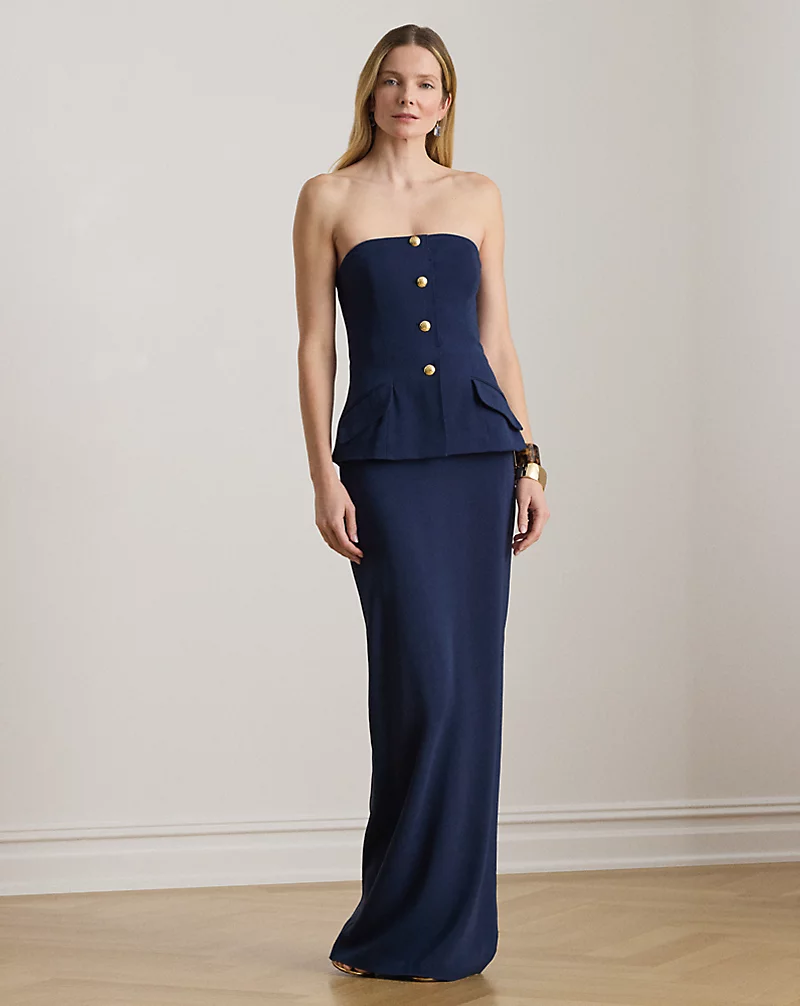 Button Trim Stretch Cady Strapless Gown