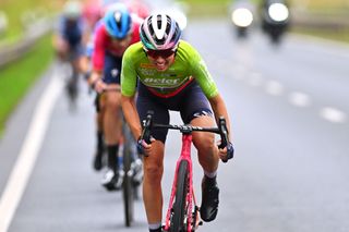 SCHMALKALDEN GERMANY JUNE 30 Katarzyna Niewiadoma of Poland and Team CanyonSRAM Racing Green Mountain Queen Jersey competes in the breakaway during the 36th Internationale LOTTO Thringen Ladies Tour 2024 Stage 6 a 1054km stage from Schmalkalden to Schmalkalden on June 30 2024 in Schmalkalden Germany Photo by Luc ClaessenGetty Images