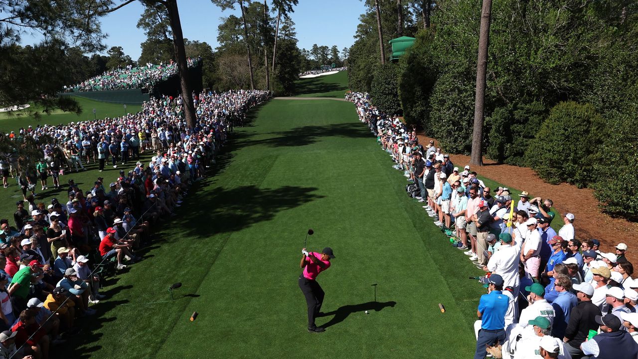 Tiger Woods hits a drive on the 18th hole at The Masters