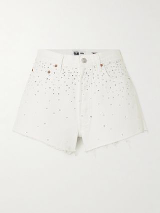 White Crystal-Embellished Denim Shorts