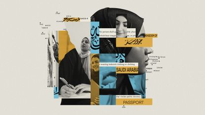 Photo composite illustration of Saudi women driving, attending college and at work, alongside a Saudi passport and Islamic creed